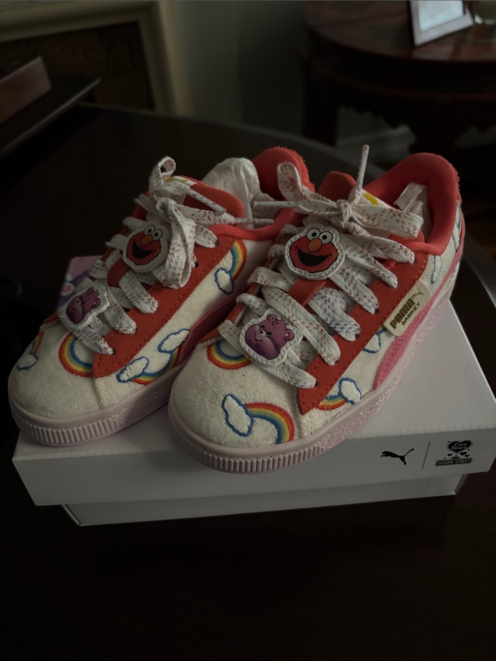 Puma Kids White Pink Rainbow Sneakers with Elmo Carebear Charms BNIB 12